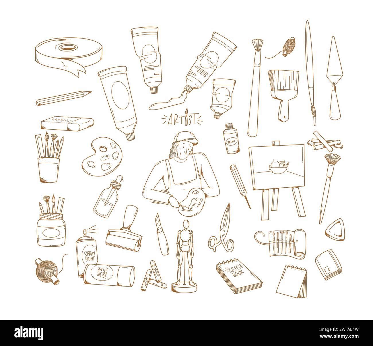 Illustration de l'ensemble vectoriel d'éléments de conception de doodle d'artiste créatif dessiné à la main Illustration de Vecteur