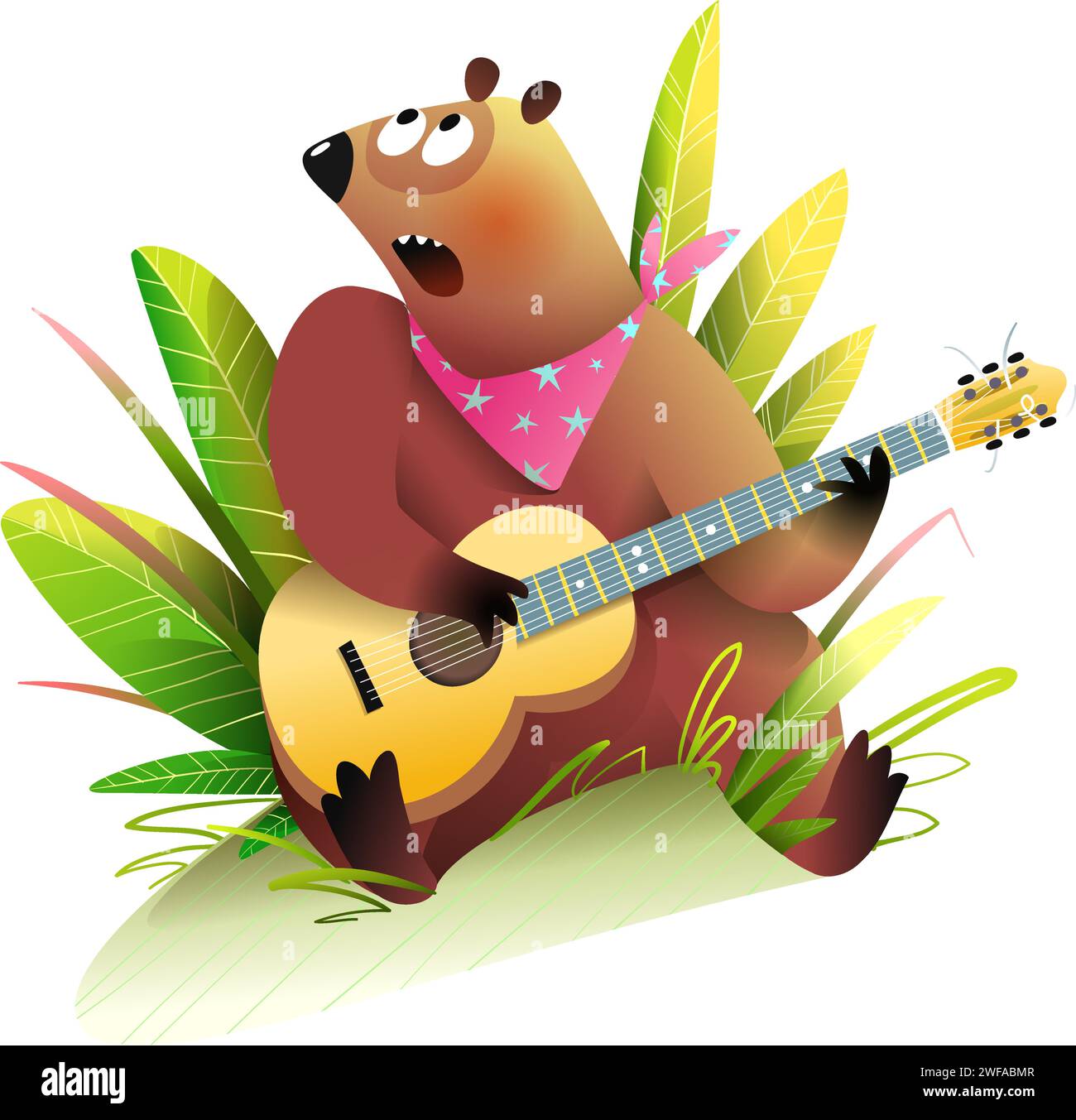 Mignon Bear musicien jouant de la guitare et chantant la chanson Illustration de Vecteur