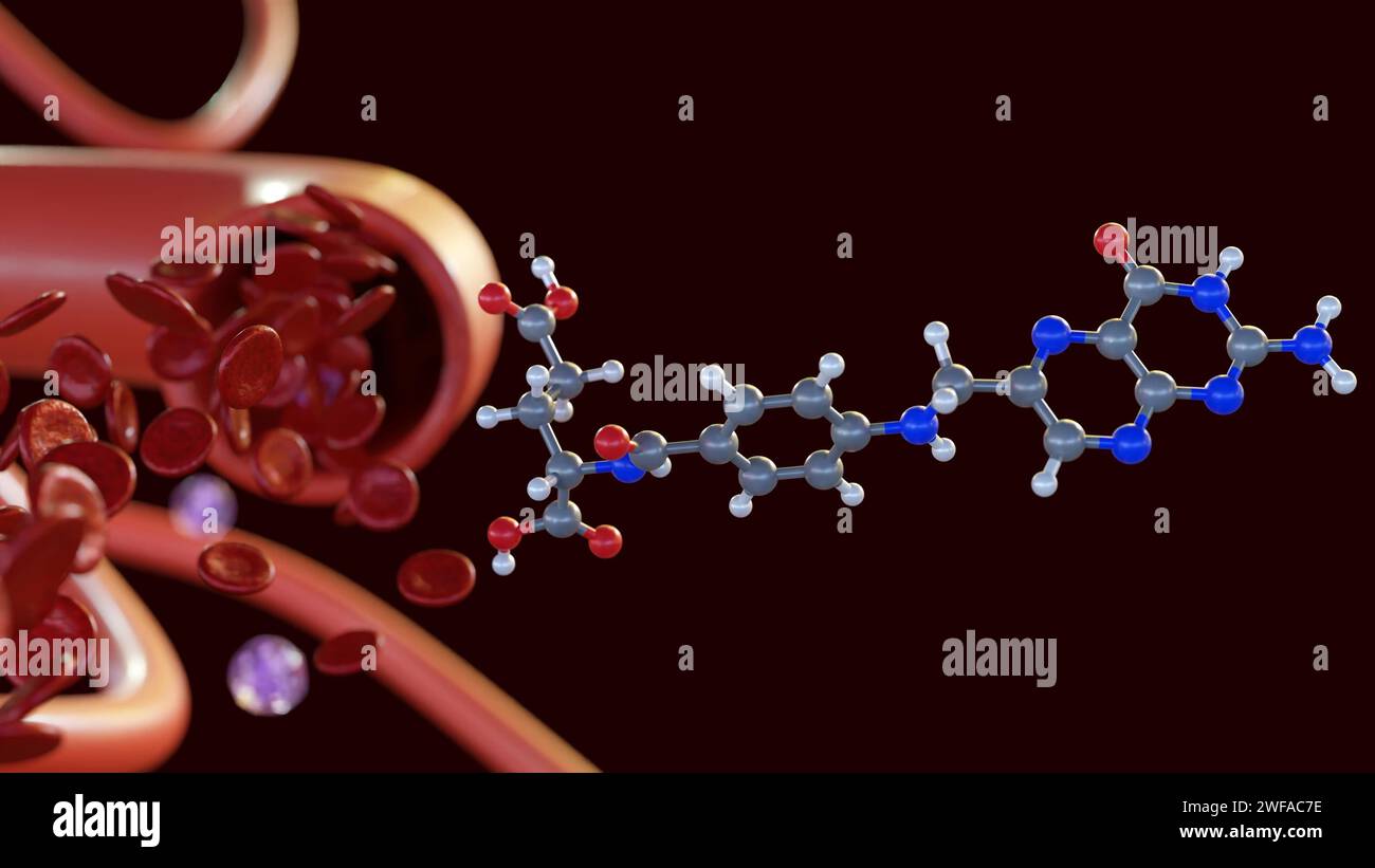 Le rendu 3d de la molécule d'acide folique, également connu sous le nom de vitamine B9, aide le corps à produire des globules rouges sains. Banque D'Images