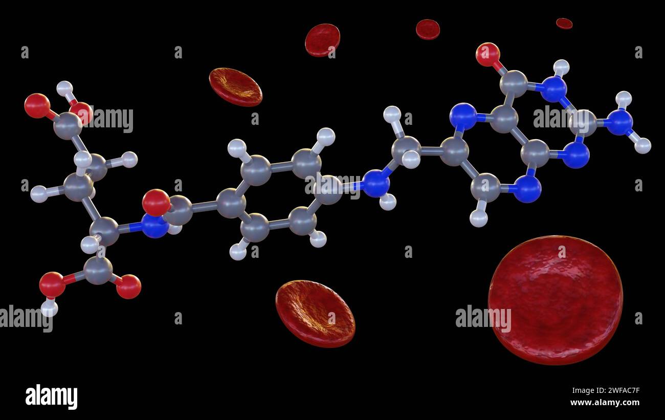 Le rendu 3d de la molécule d'acide folique, également connu sous le nom de vitamine B9, aide le corps à produire des globules rouges sains. Banque D'Images