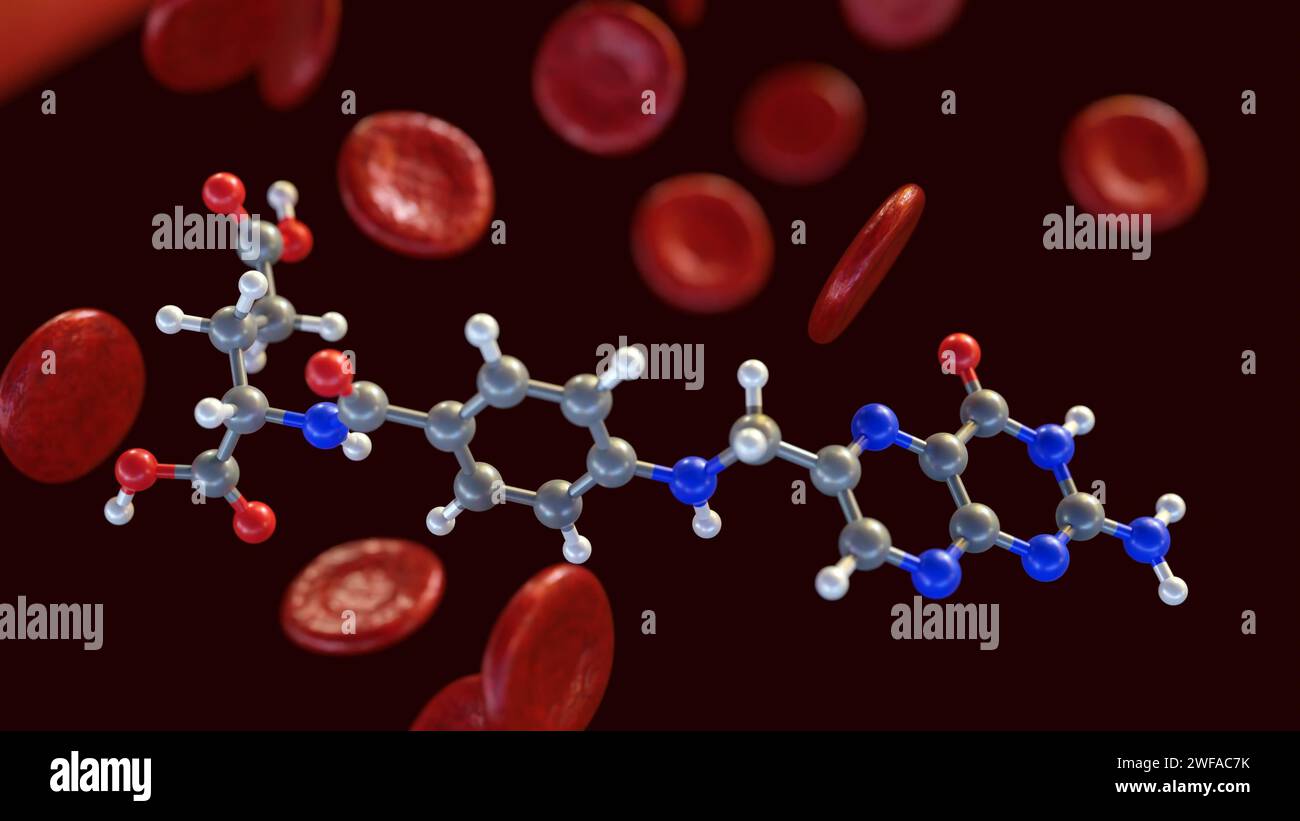 Le rendu 3d de la molécule d'acide folique, également connu sous le nom de vitamine B9, aide le corps à produire des globules rouges sains. Banque D'Images