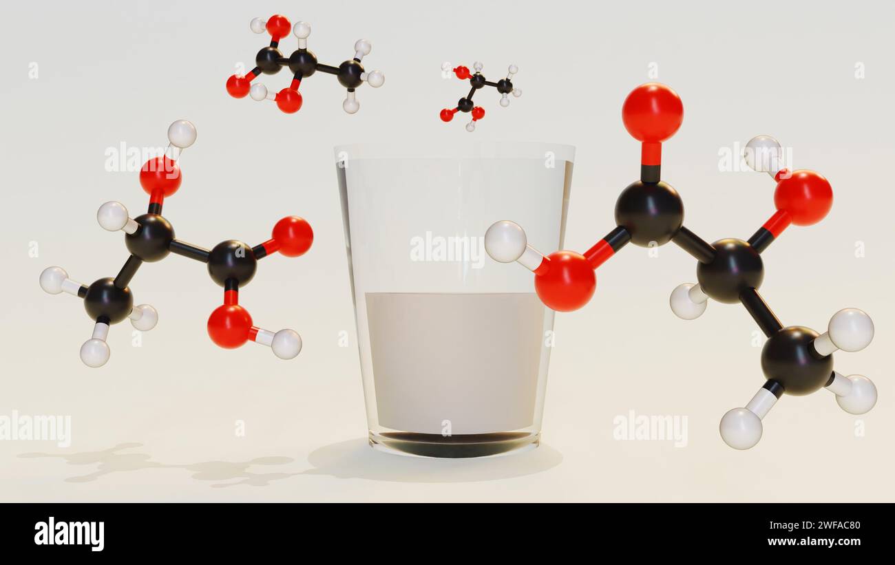 rendu 3d des molécules d'acide lactique et du lait. Banque D'Images