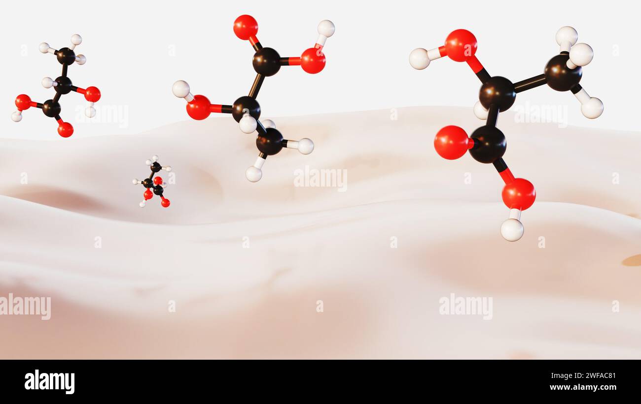 rendu 3d des molécules d'acide lactique et du lait. Banque D'Images