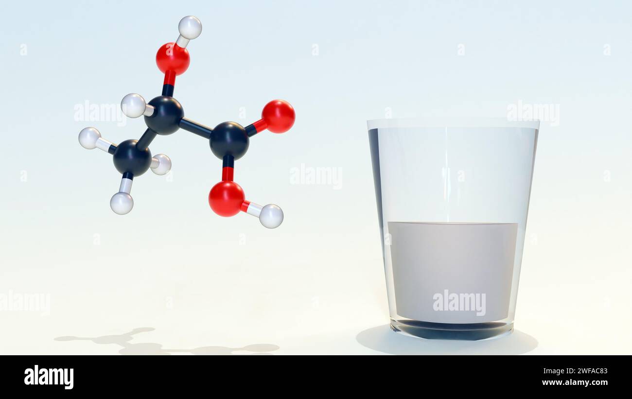 rendu 3d des molécules d'acide lactique et du lait. Banque D'Images