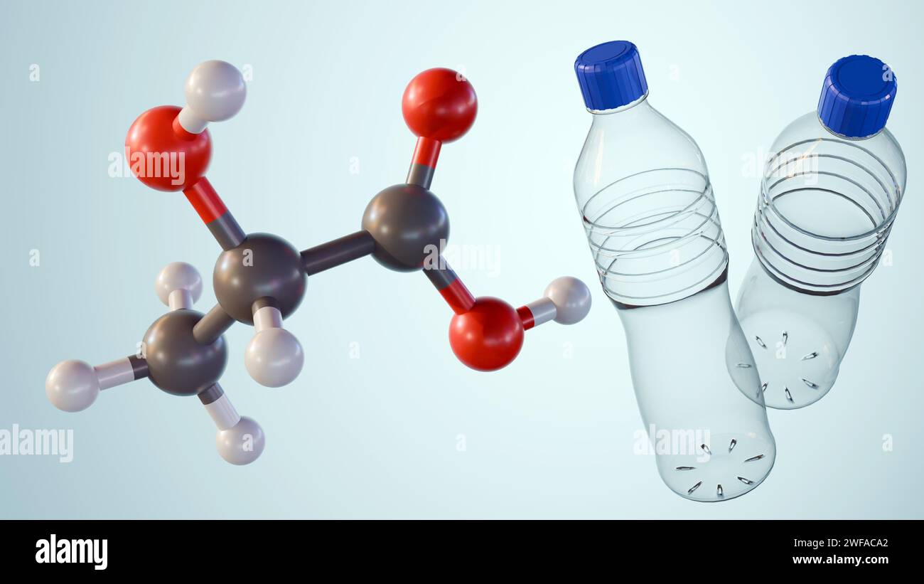le rendu 3d des molécules d'acide lactique flotte au-dessus des bouteilles d'eau en plastique bleu sur le fond bleu clair Banque D'Images
