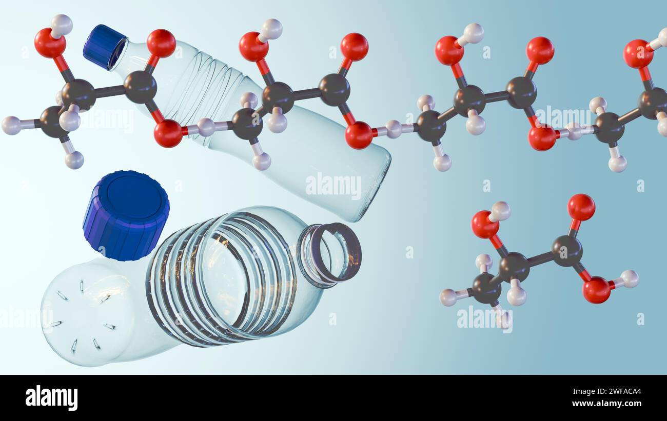 le rendu 3d des molécules d'acide lactique flotte au-dessus des bouteilles d'eau en plastique bleu sur le fond bleu clair Banque D'Images