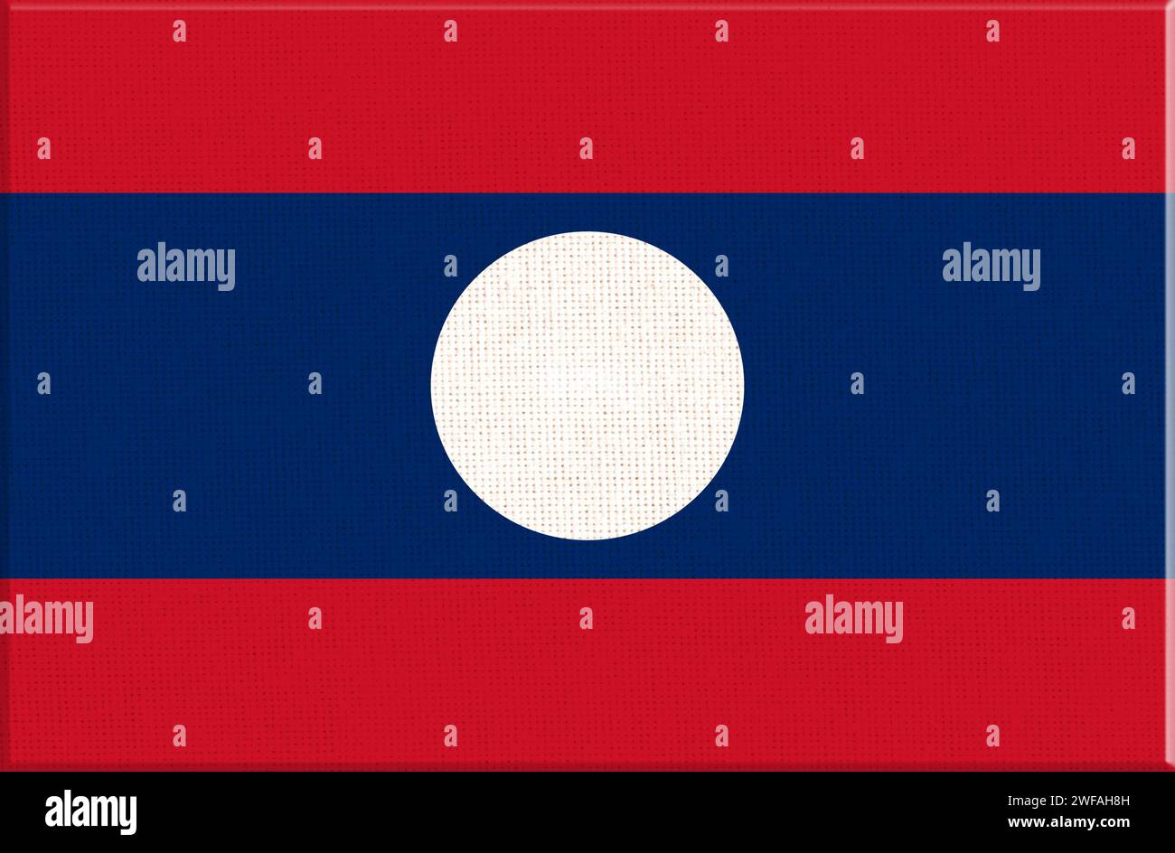 Drapeau du Laos. Drapeau laotien sur la surface en tissu. Texture de tissu. République démocratique populaire lao. Symbole de l'État lao. Pays asiatique Banque D'Images