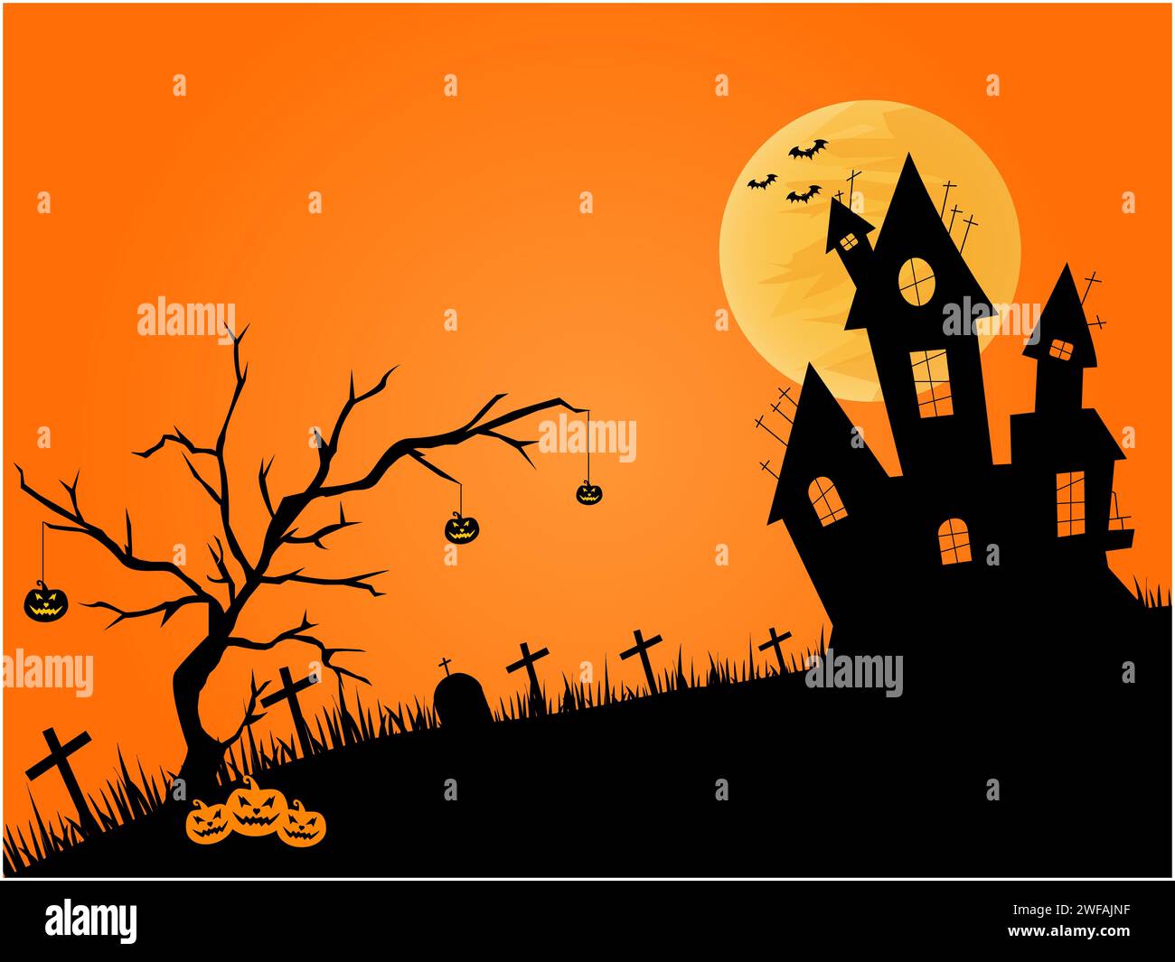 Thème Halloween avec silhouette de maison hantée, pleine lune et chauves-souris volantes Banque D'Images