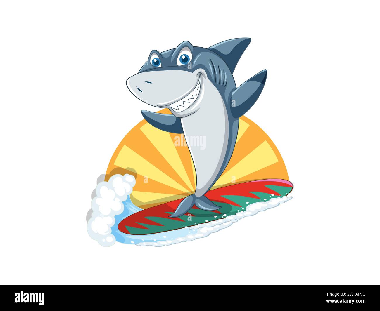 Requin de dessin animé chevauchant une planche de surf sur une vague Banque D'Images