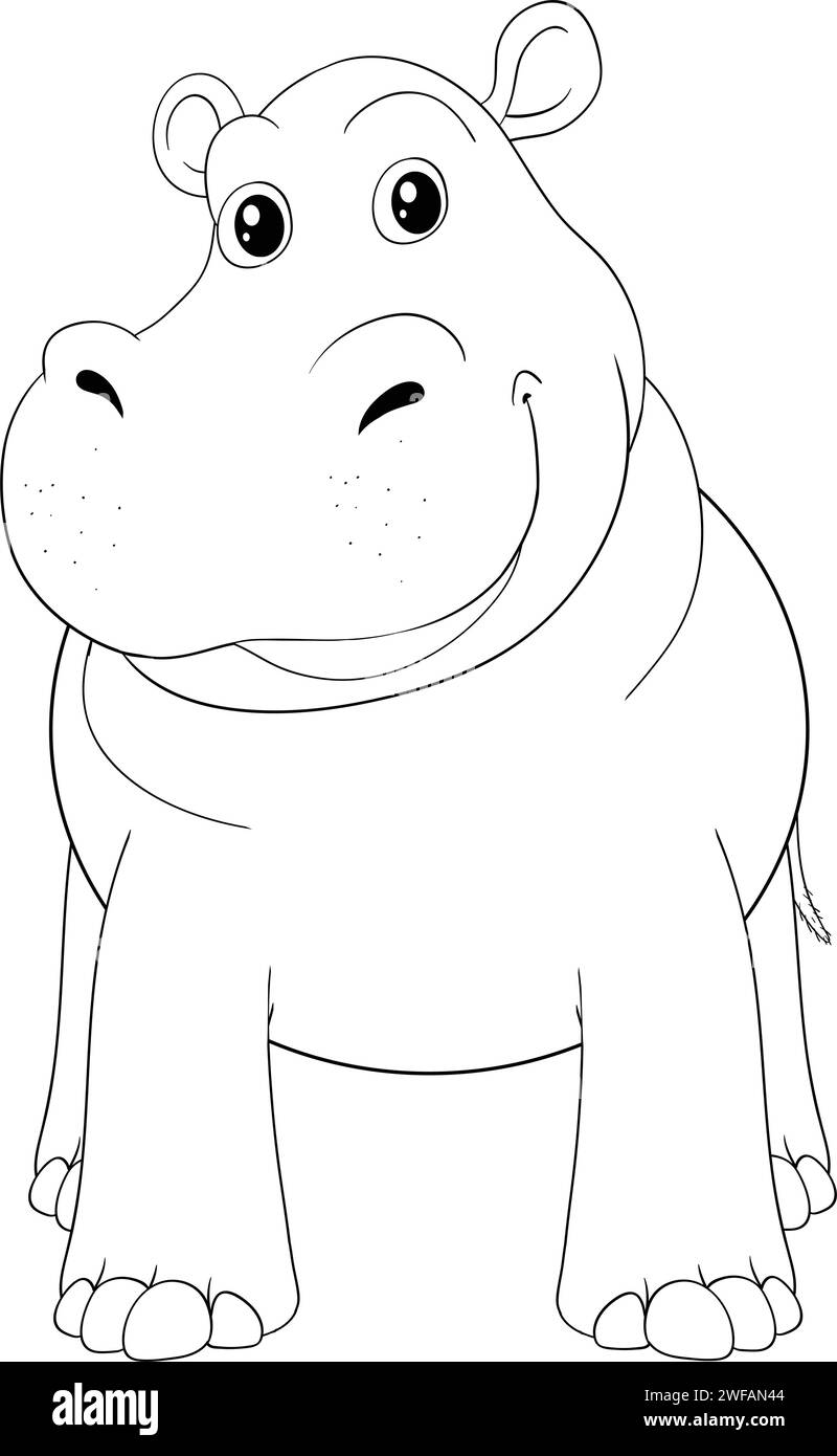 Illustration en noir et blanc d'un hippopotame souriant. Illustration de Vecteur