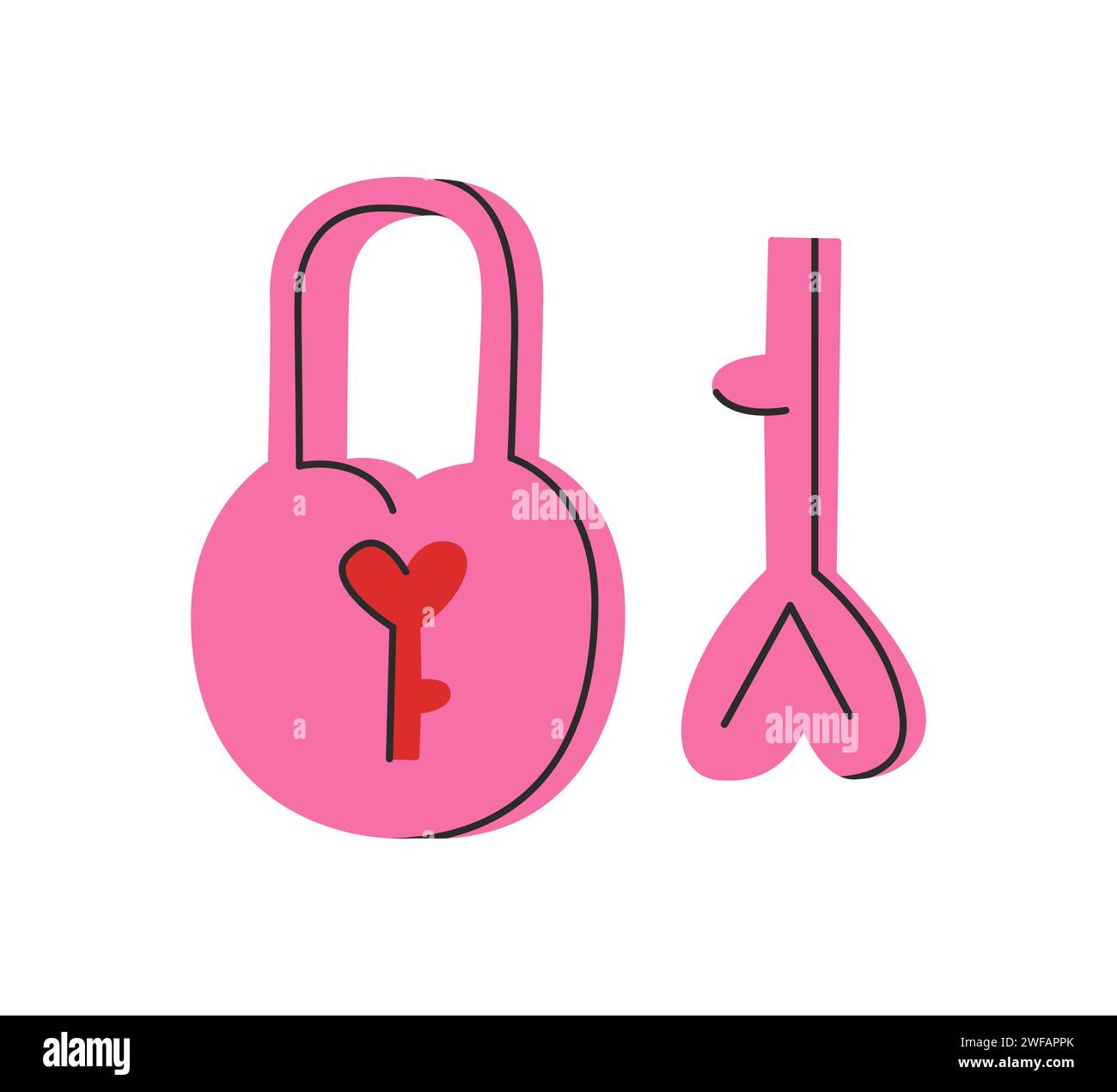 Serrure et clé en forme de coeur. Concept de la Saint-Valentin. Illustration vectorielle plate. Bon pour les autocollants, cartes, étiquettes, clipart Illustration de Vecteur