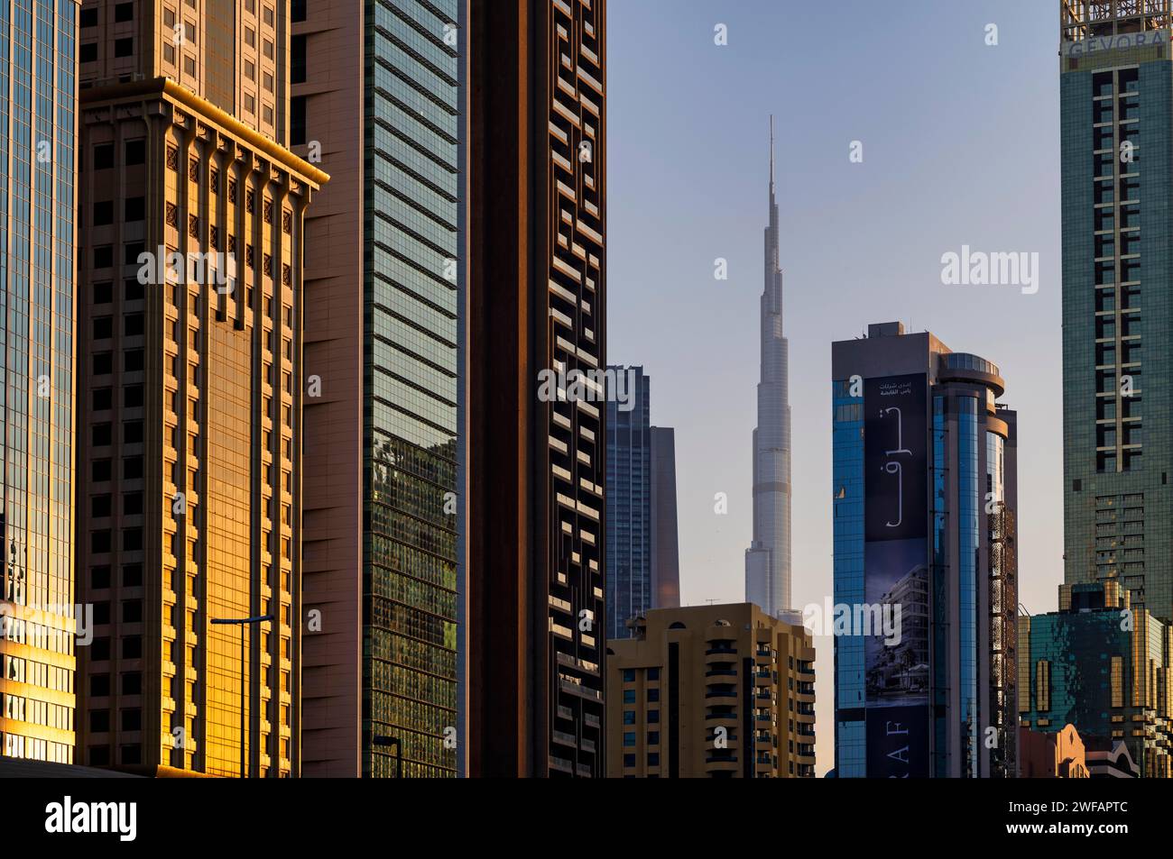 Burj Khalifa, gratte-ciel, centre-ville, quartier financier, lumière du soir, golden Hour, Dubaï, Émirats arabes Unis, VAR Banque D'Images