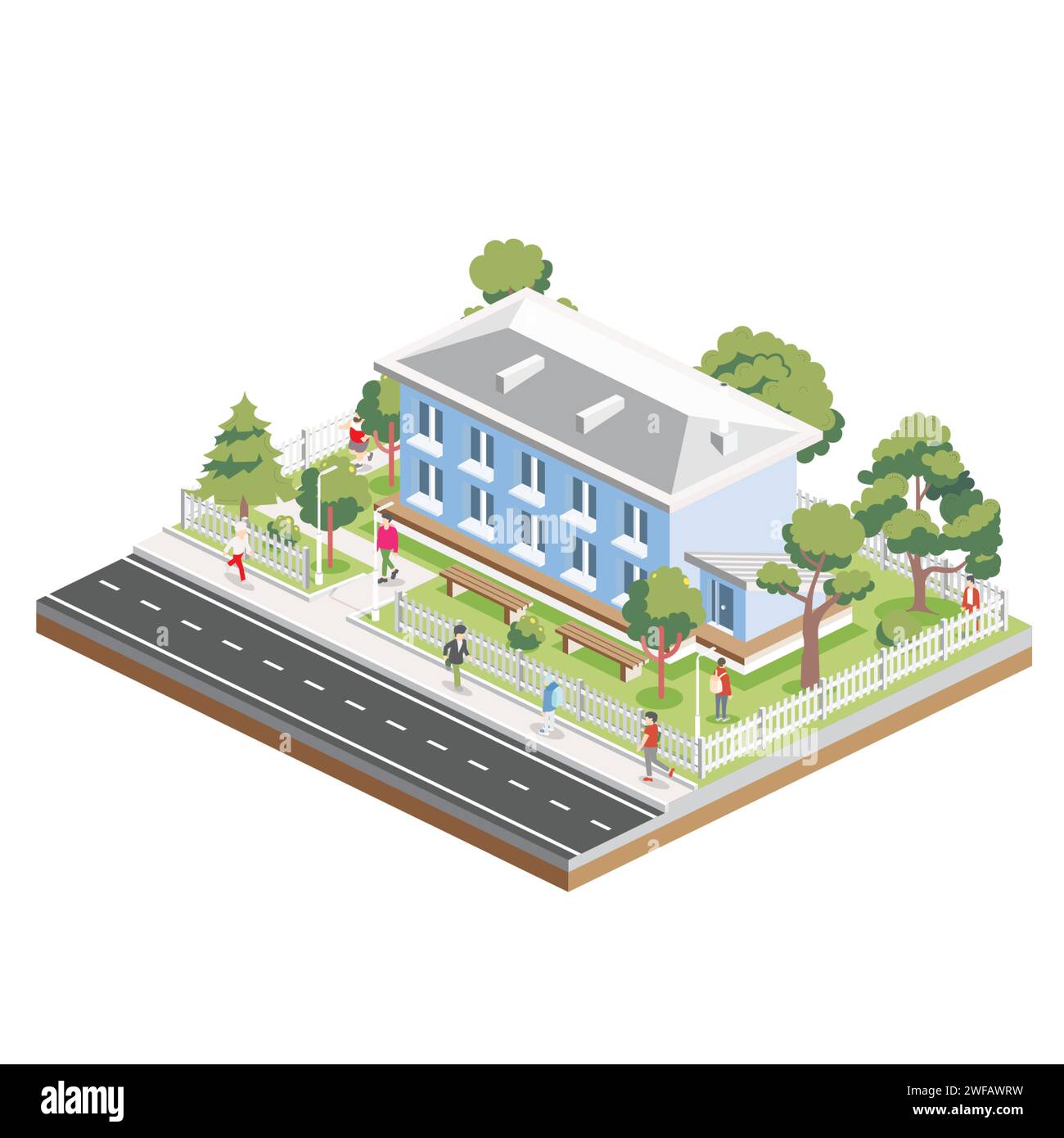 Bâtiment résidentiel isométrique de deux étages avec personnes, route et arbres. Icône ou élément infographique. Illustration vectorielle. Maison urbaine. Illustration de Vecteur