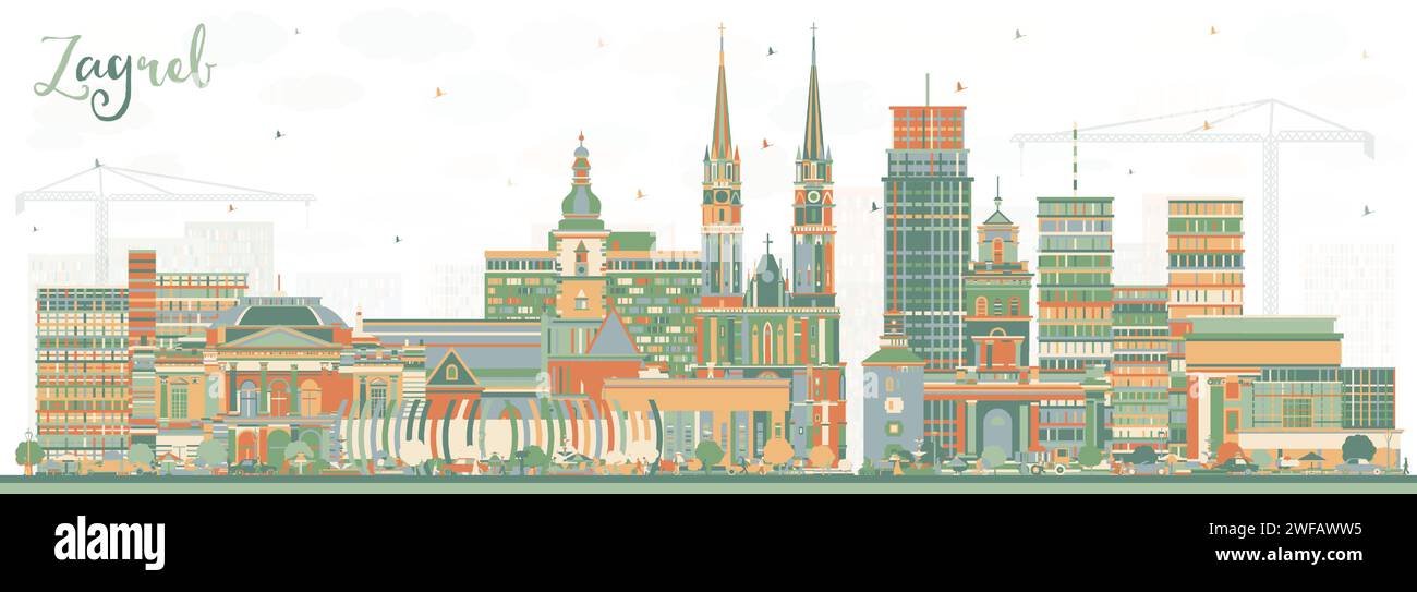 Zagreb Croatie City Skyline avec des bâtiments de couleur. Illustration vectorielle. Paysage urbain de Zagreb avec des monuments. Illustration de Vecteur