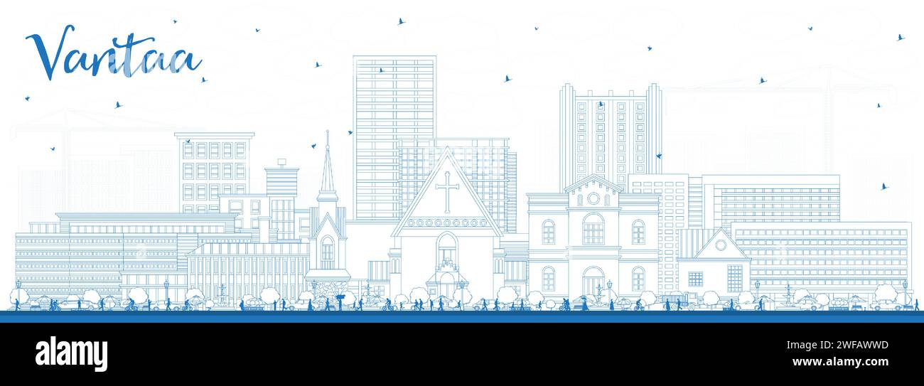 Décrire Vantaa Finlande ville horizon avec des bâtiments bleus. Illustration vectorielle. Paysage urbain de Vantaa avec des monuments. Illustration de Vecteur