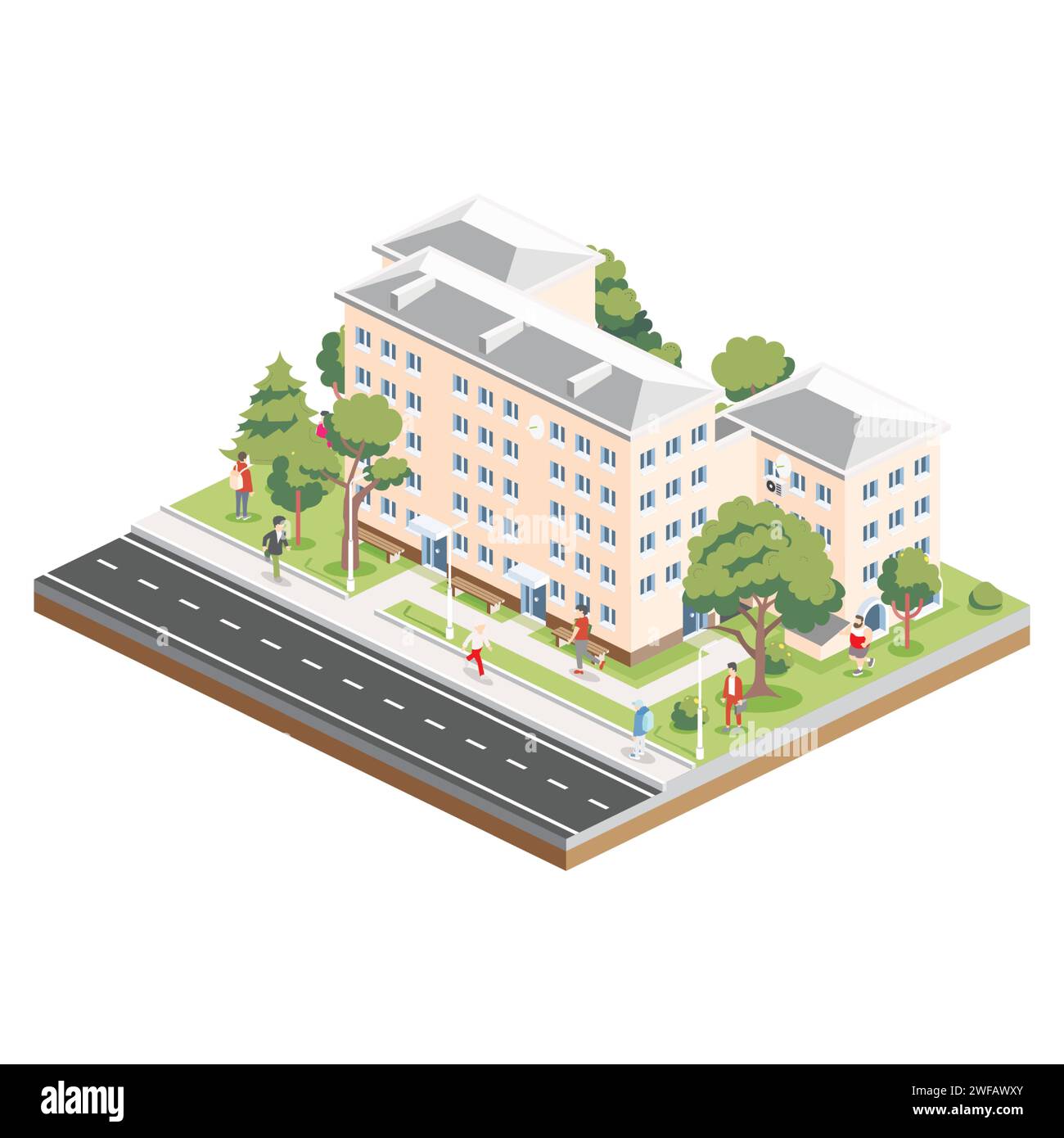 Bâtiment résidentiel isométrique de cinq étages avec des personnes, une route et des arbres. Icône ou élément infographique. Illustration vectorielle. Maison urbaine. Illustration de Vecteur