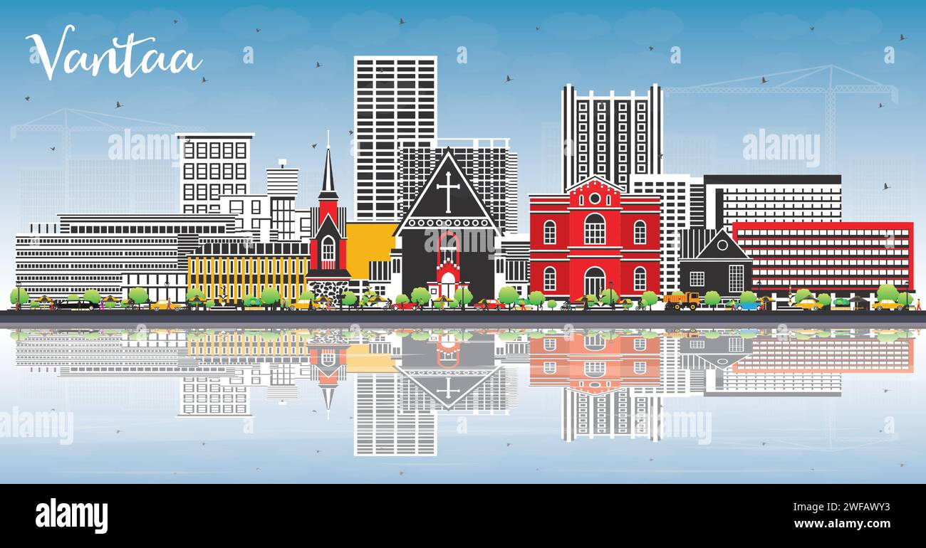 Vantaa Finlande Skyline avec des bâtiments de couleur, ciel bleu et reflets. Illustration vectorielle. Paysage urbain de Vantaa avec des monuments. Illustration de Vecteur