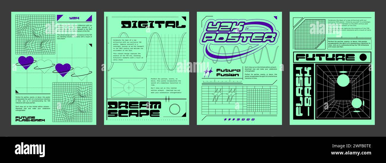 Ensemble de modèles de flyer Vibe rétro futuriste. Illustration vectorielle d'affiches esthétiques y2k, bannières de style rétrowave avec des formes géométriques, perspective filaire, signe de coeur, texte sur fond vert Illustration de Vecteur