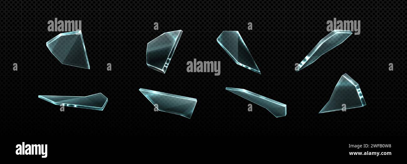 Bris de verre et morceaux. Ensemble réaliste d'illustration vectorielle de fragment de fragment de miroir éclaté. débris pointus transparents volants éléments de forge battu cristal ou glace sur fond sombre. Illustration de Vecteur