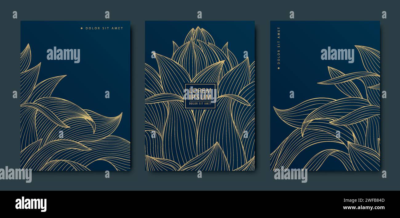 Ensemble vectoriel de conception de fleurs de lotus, illustration d'art de luxe, ornement de ligne florale asiatique. Utilisation pour la beauté, hôtel de mariage, spa, conception de yoga Illustration de Vecteur
