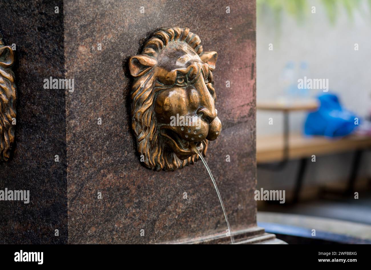 Fontaine européenne classique avec une tête de lion Banque D'Images