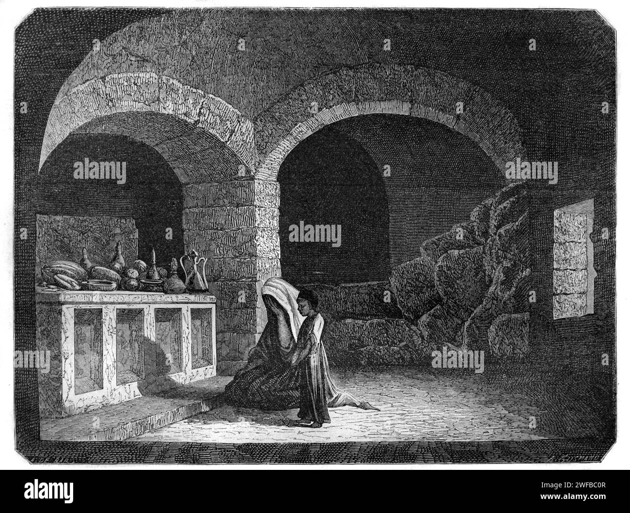 Visiteurs priant dans la grotte, grotte ou sanctuaire de Saint George Jounieh Liban. Gravure vintage ou historique ou Illustration 1863 Banque D'Images