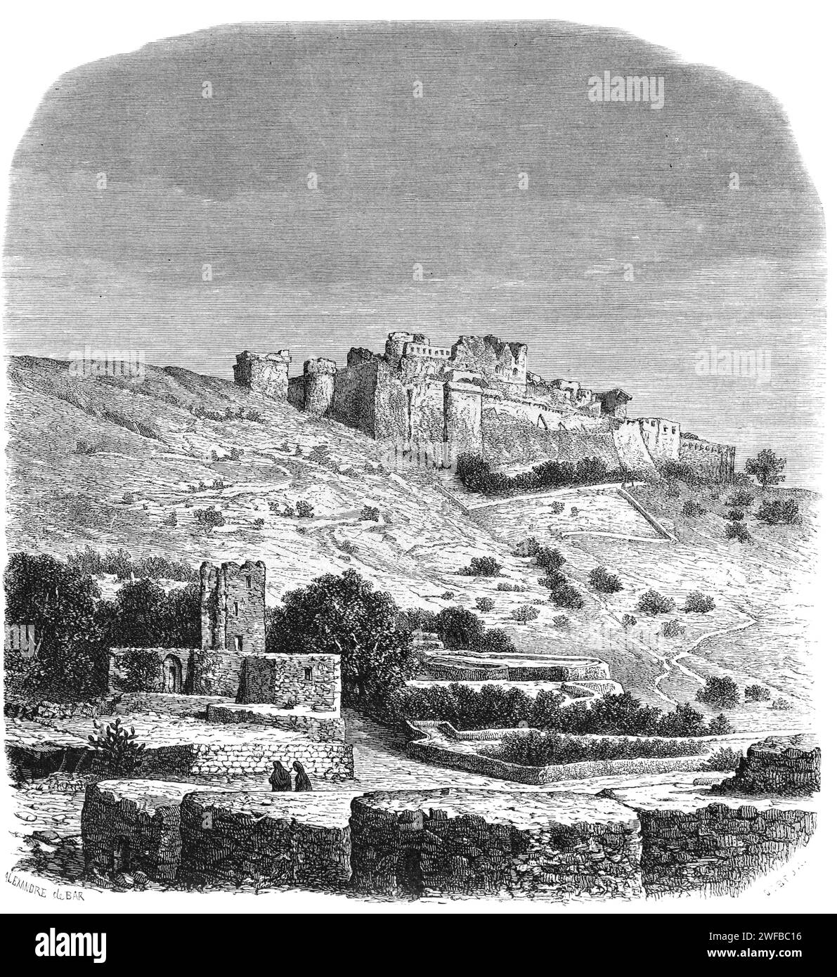 Forteresse de Krak des Chevaliers ou Château des Croisés (c11th-c12th) Syrie. Gravure ou illustration vintage ou historique. Banque D'Images