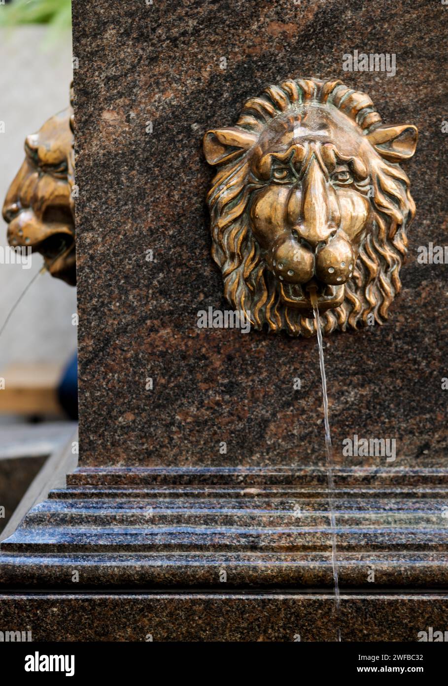 fontaine d'eau en forme de tête de lion en métal. Décoration ancienne Banque D'Images