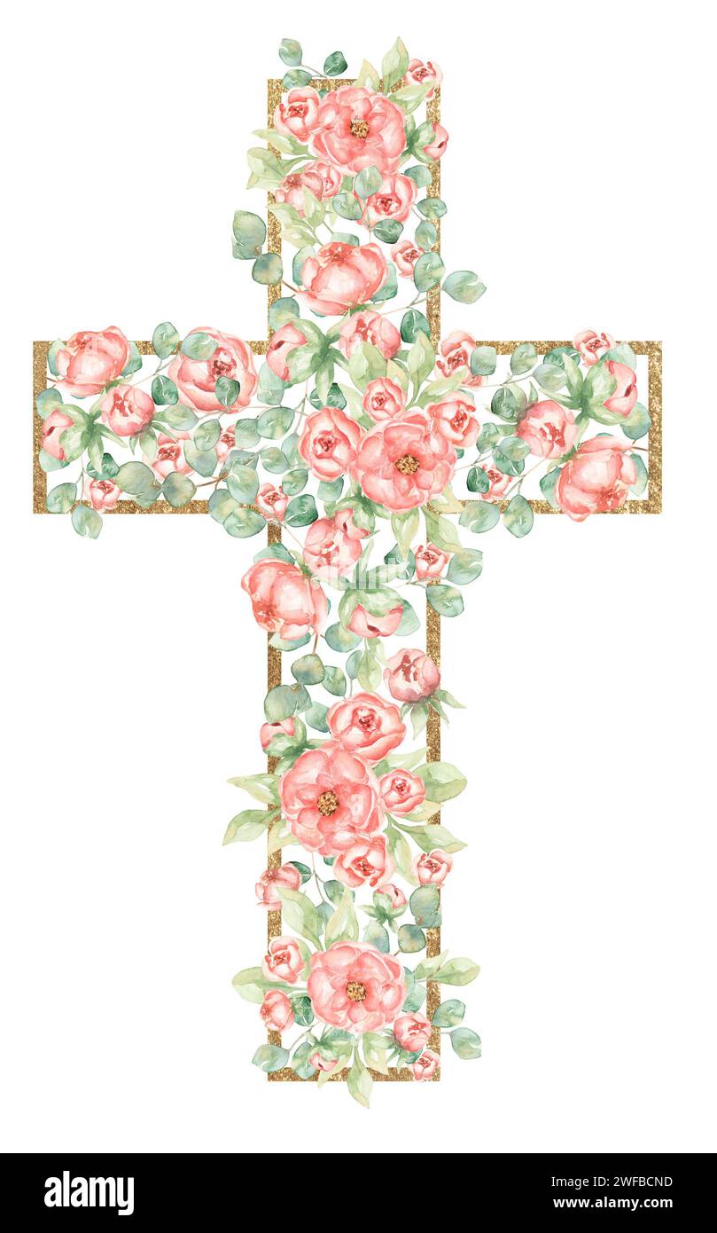 Clipart Croix de Pâques graphique, arrangements floraux de printemps, Baptême crosses invitation DIY, fleurs de pivoine aquarelle et clipart de mariage de verdure, Golde Banque D'Images