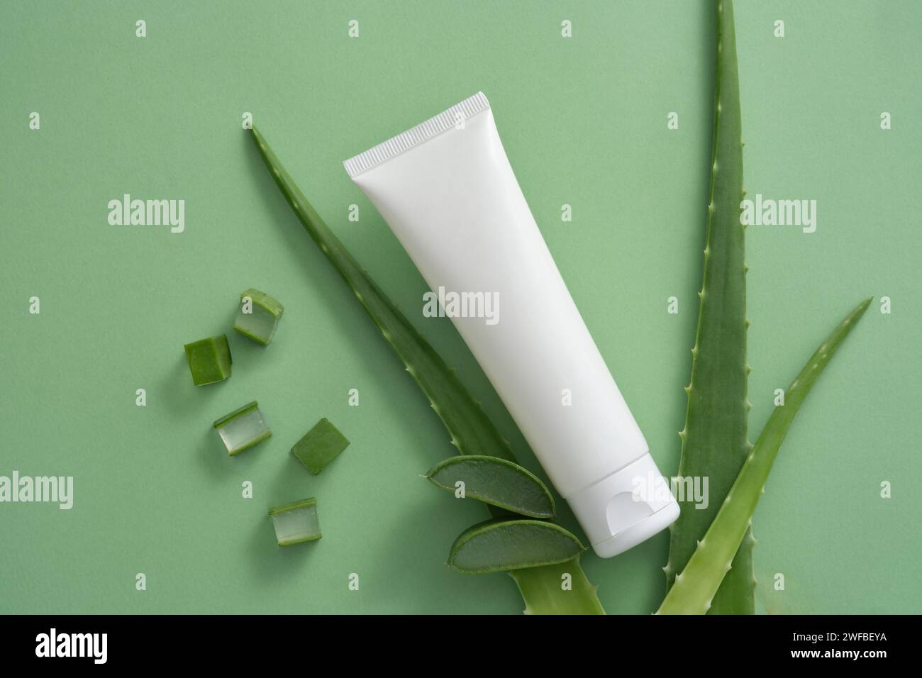 Pose plate d'un tube sans étiquette et Aloe vera tranches et feuilles. Aloe vera (Aloe barbadensis miller) riche en vitamines et riche en enzymes qui bon f Banque D'Images