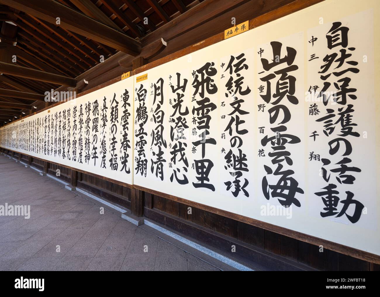 Tokyo, Japon. 8 janvier 2024. Les écrits sacrés dans la cour intérieure du temple shinto Meiji dans le centre-ville Banque D'Images Tokyo, Japon. 8 janvier 2024. Les écrits sacrés dans la cour intérieure du temple shinto Meiji dans le centre-ville Banque D'Images