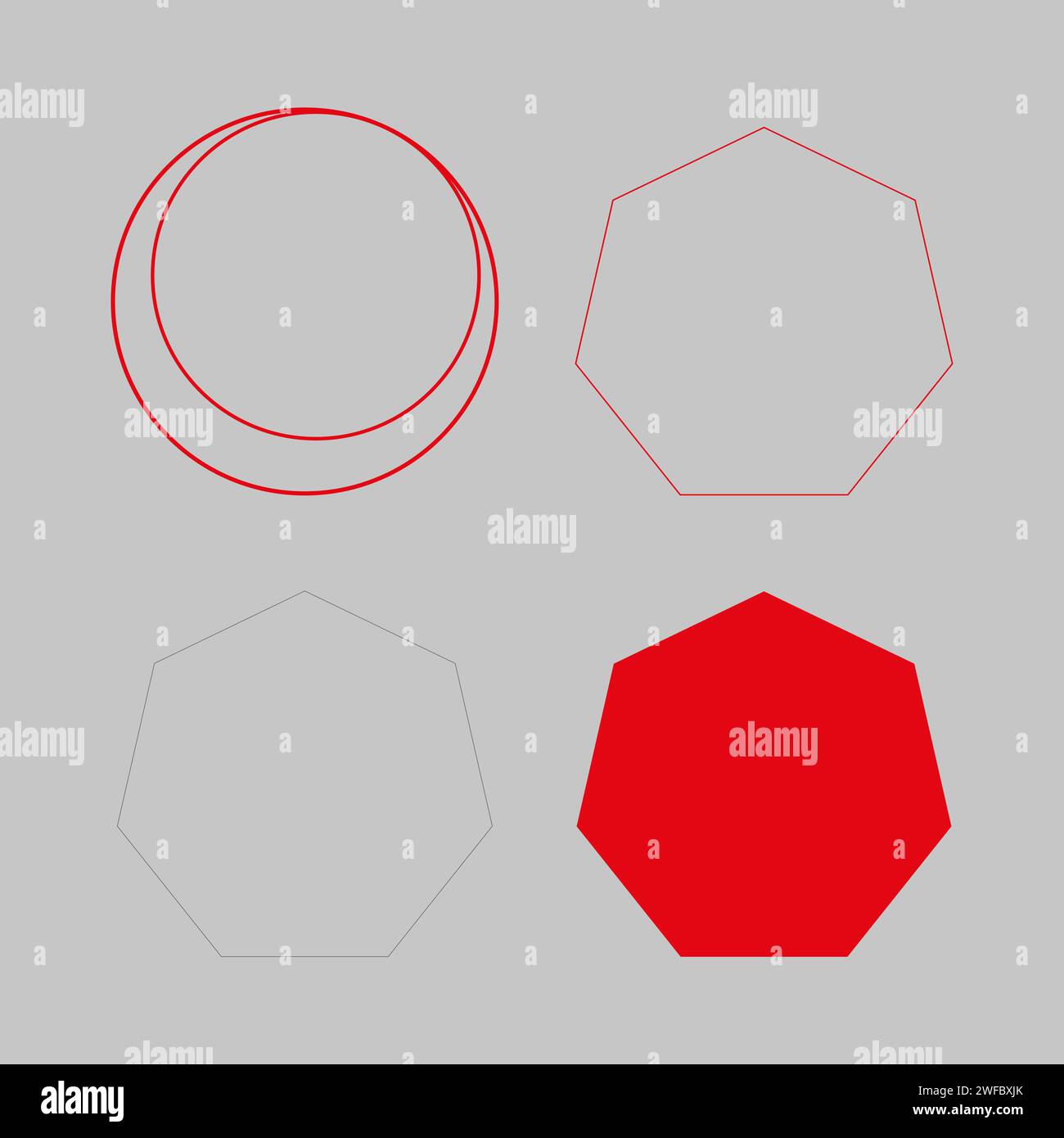 Icône double cercle et hexagone. Signes rouges. Arrière-plan sombre. Figures géométriques abstraites. Illustration vectorielle. Image de stock. SPE 10. Illustration de Vecteur