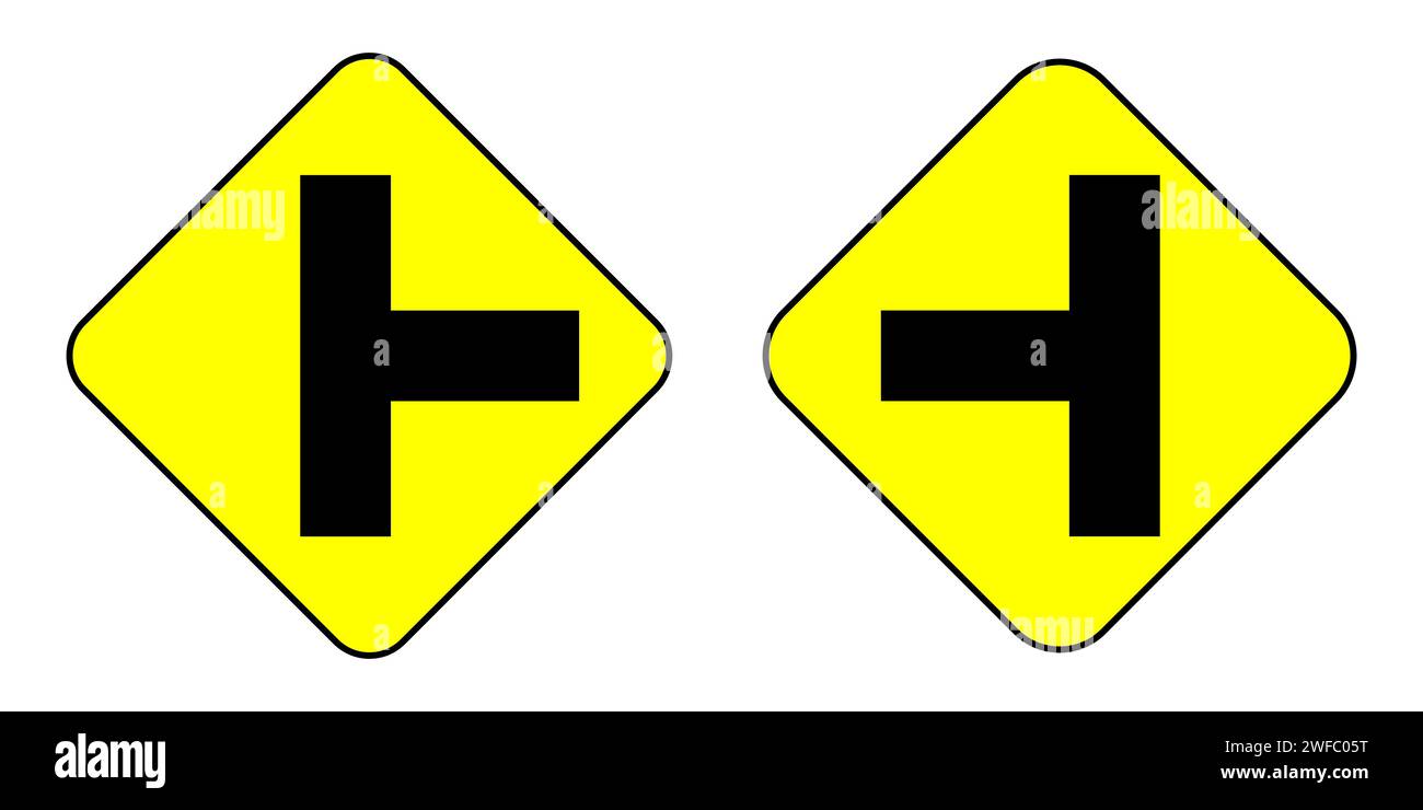 Continuez tout droit. Tournez à droite et à gauche. Panneaux de signalisation routière. Forme de losange jaune. Illustration vectorielle. Image de stock. SPE 10. Illustration de Vecteur