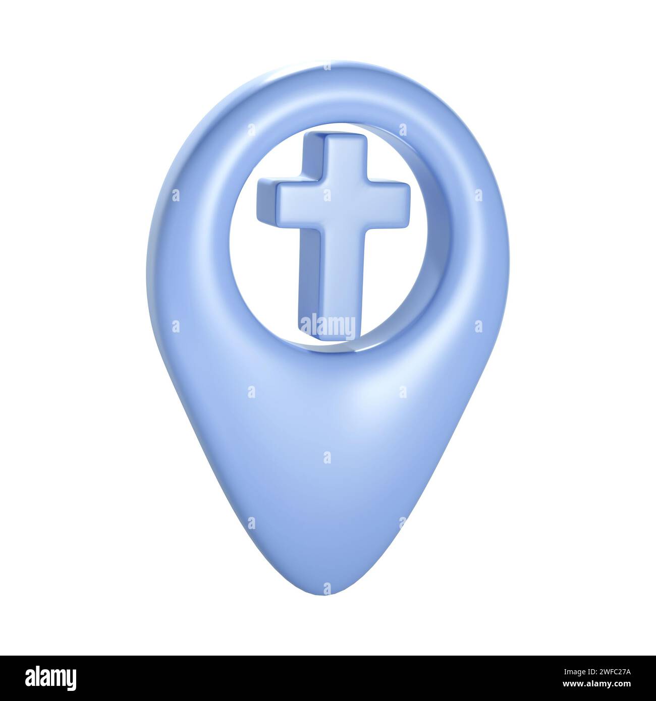 Christian 3d croix bleue géotag icône gps. Élément pour le lieu de l'église, l'adresse du bâtiment religieux. Objet sur fond blanc Banque D'Images