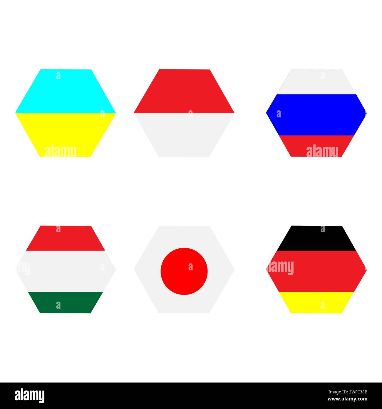 Drapeau des pays. Figure hexagonale. Ukraine, Monaco, Russie, Hongrie, Japon, Allemagne. Illustration vectorielle. Image de stock. SPE 10. Illustration de Vecteur