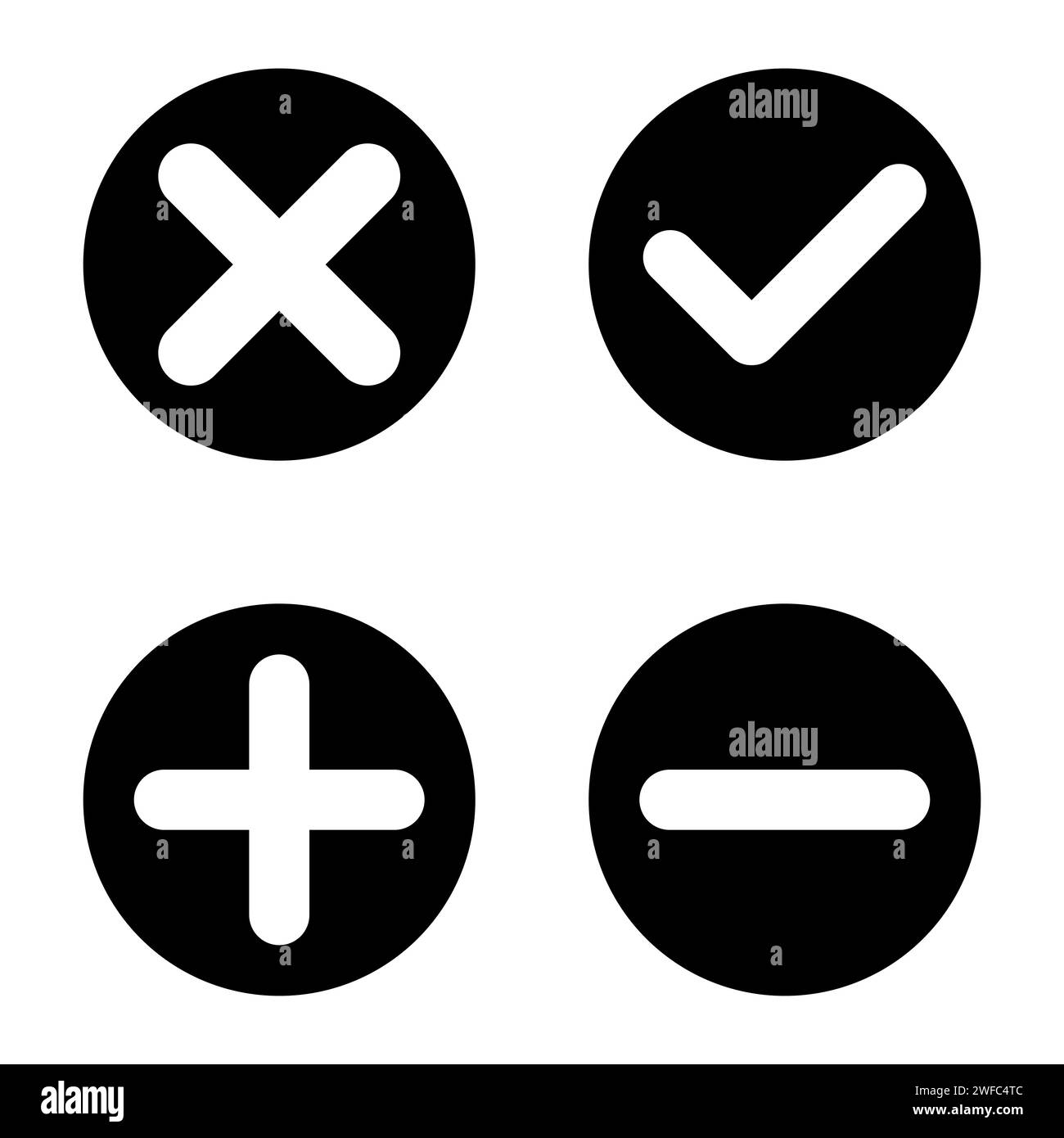 Quatre validations colorées. Icônes plus, moins, croix et marque. Vérifier le signe. Cercle noir. Illustration vectorielle. Image de stock. SPE 10. Illustration de Vecteur