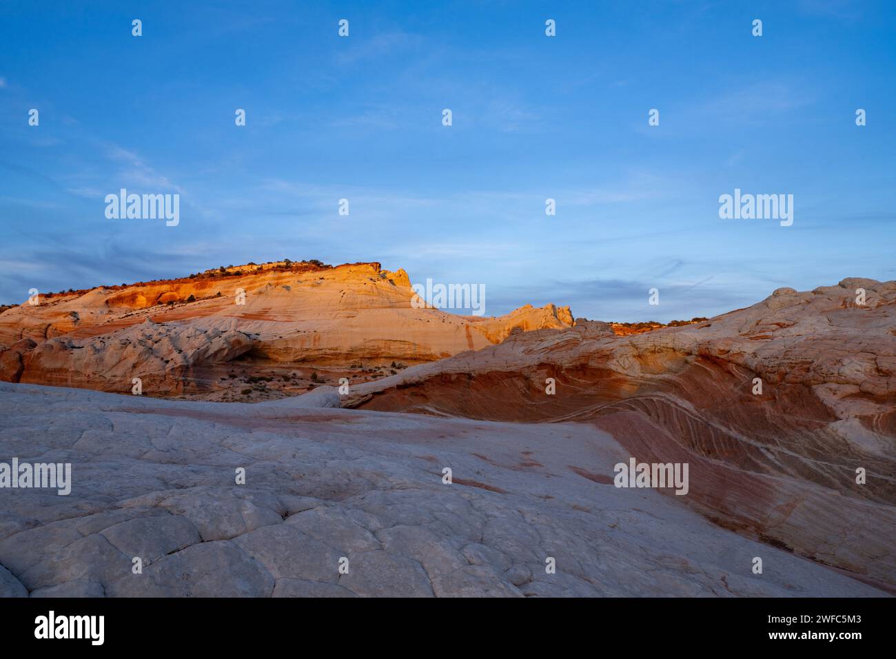 Une mesa de grès au coucher du soleil dans la White Pocket Recreation Area, Vermilion Cliffs National Monument, Arizona. Banque D'Images