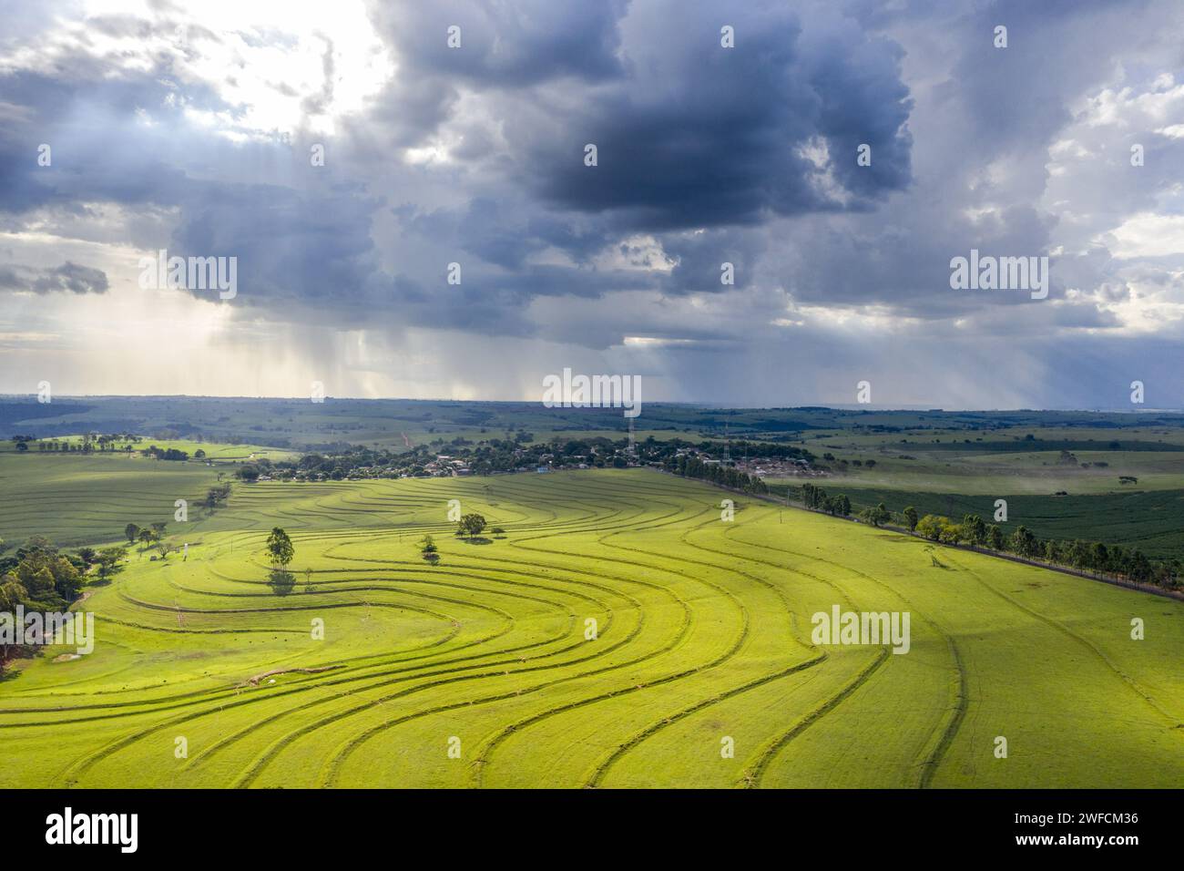 Vue drone de la propriété rurale avec des zones de prairies avec des lignes de contour - pluie approchant en arrière-plan - Banque D'Images
