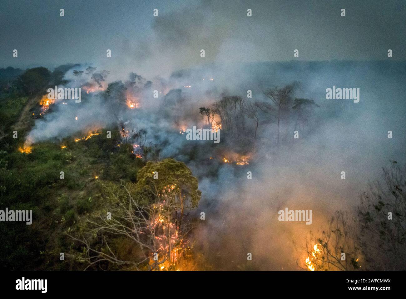 Vue depuis un drone brûlé dans une zone de forêt tropicale amazonienne au crépuscule pour ouvrir des pâturages ou des plantations de céréales Banque D'Images