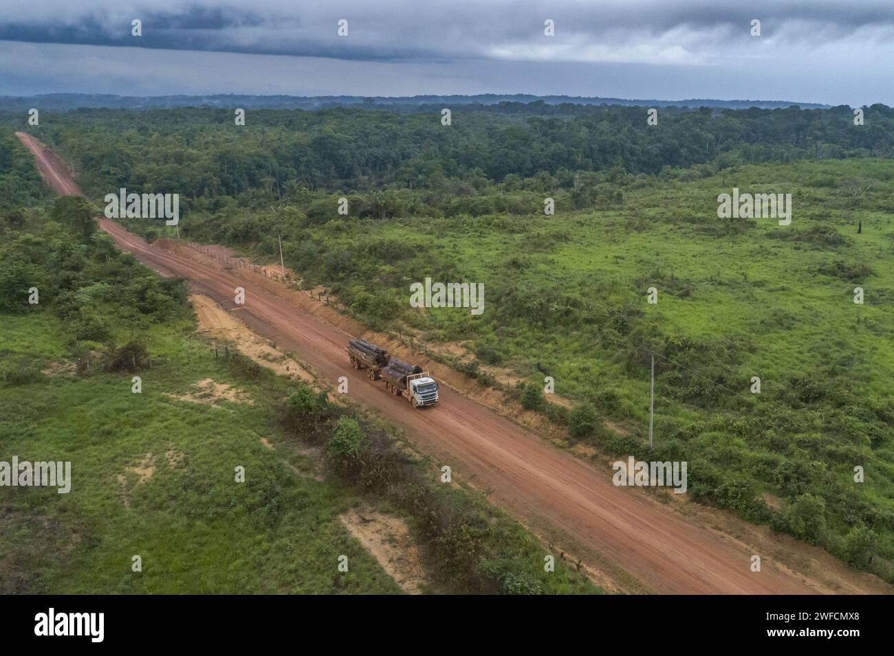 Vue drone d'un camion à double corps transportant des grumes de déforestation illégale sur l'autoroute BR-230 Transamazônica - Banque D'Images
