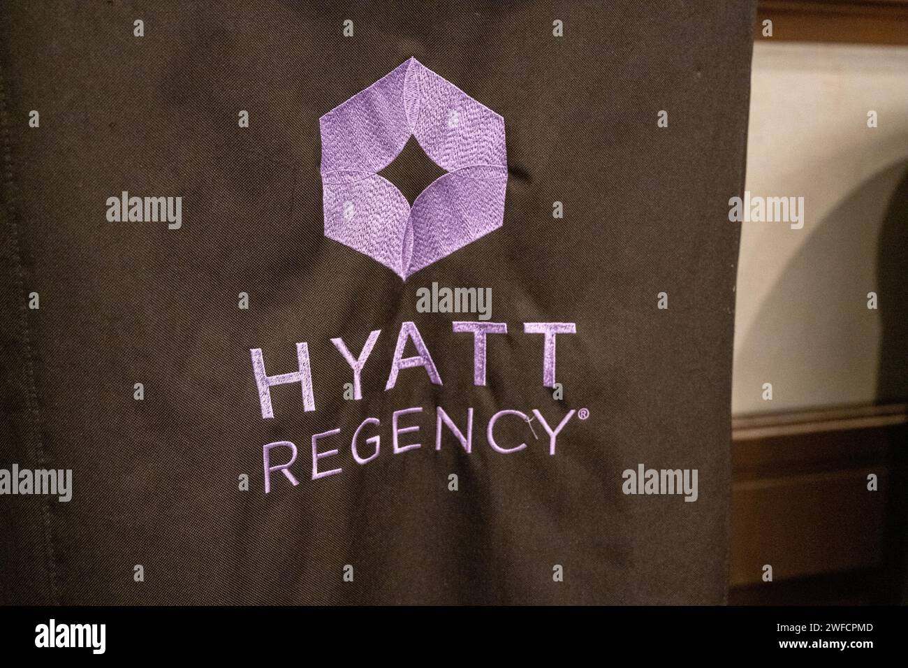 Gros plan du logo de la marque hôtelière Hyatt Regency, San Francisco, Californie, 17 août 2023. Banque D'Images