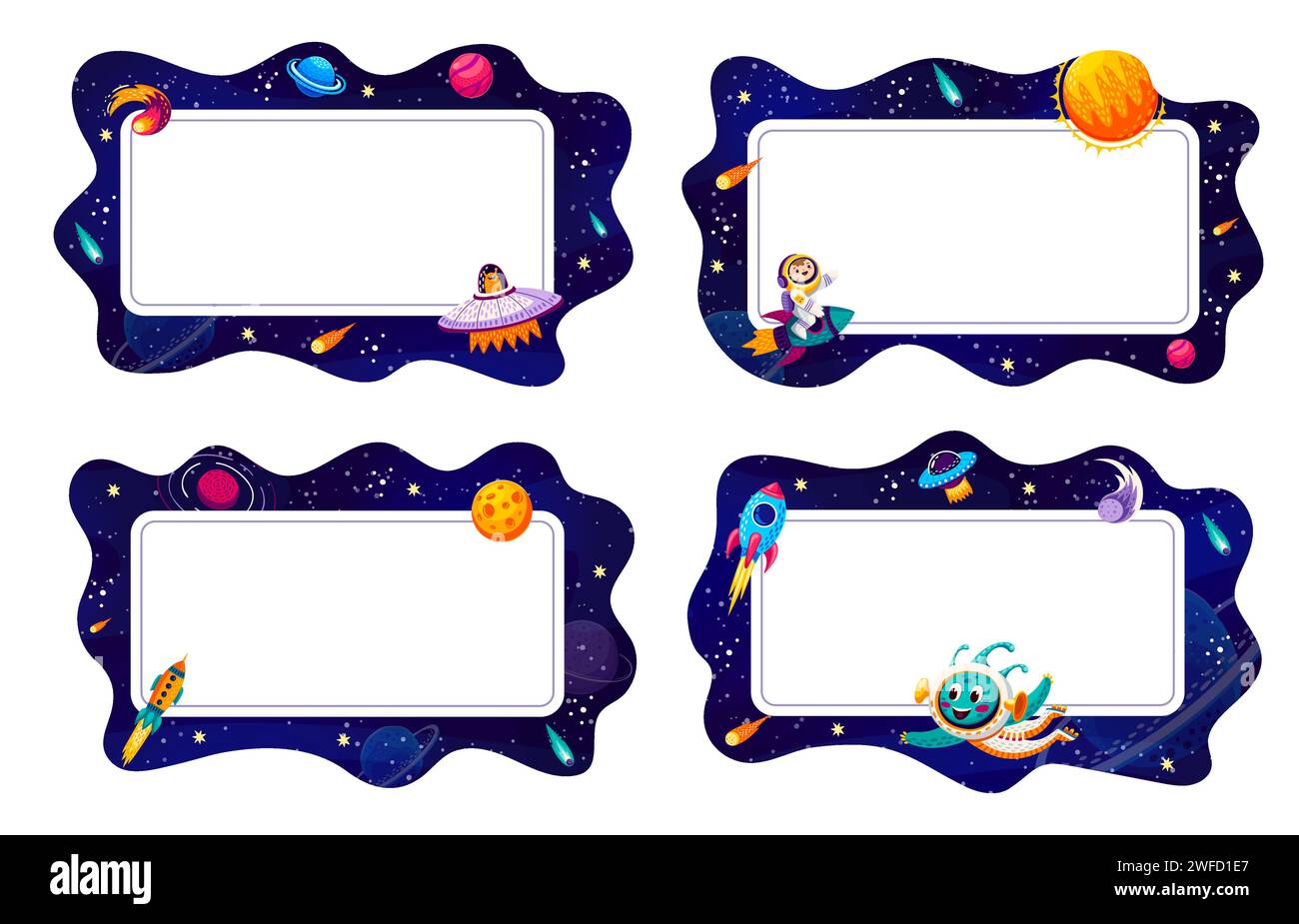Cadres de dessins animés avec paysage spatial de galaxie et personnages drôles d'astronaute enfant et extraterrestre. Bordures de cadre vectoriel définies avec ciel spatial étoilé, OVNI, fusées, planètes et étoiles, Soleil, comètes et nébuleuses Illustration de Vecteur