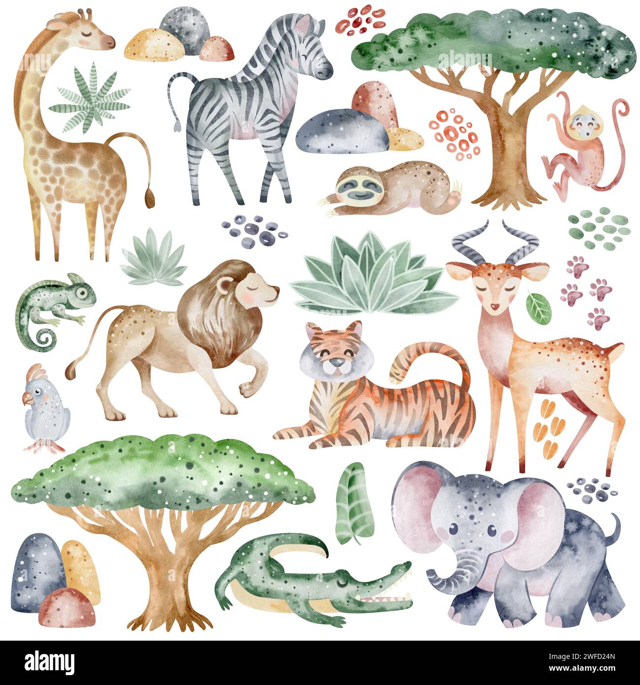 Collection d'animaux africains. Nursery aquarelle. Personnages de dessins animés girafe, rhinocéros et ensemble de décorations, empreintes de pas et feuilles. Banque D'Images