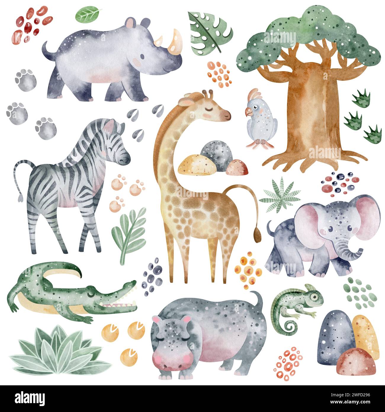 Collection d'animaux africains. Nursery aquarelle. Personnages de dessins animés girafe, rhinocéros et ensemble de décorations, empreintes de pas et feuilles. Banque D'Images