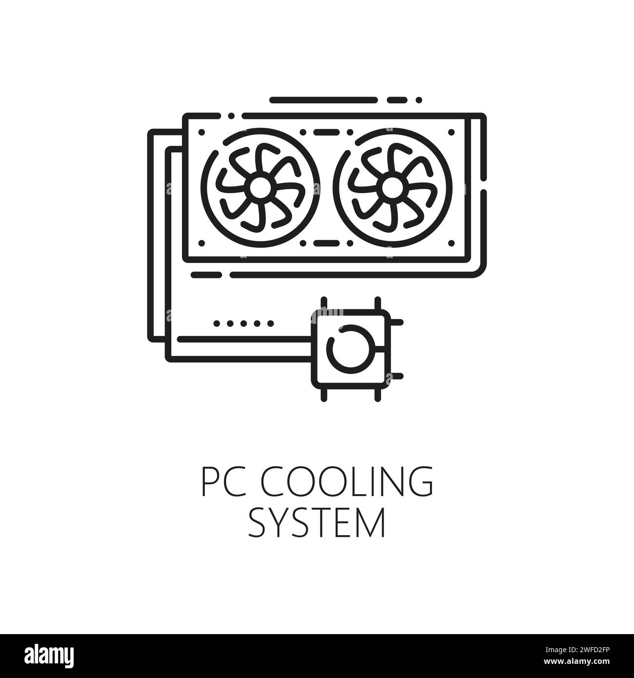 Matériel électronique, industrie du développement d'applications, icône de ligne mince de logiciel informatique. Test de logiciel de système informatique, icône vectorielle de contour de service de matériel avec bloc de refroidissement d'eau d'ordinateur et refroidisseurs Illustration de Vecteur