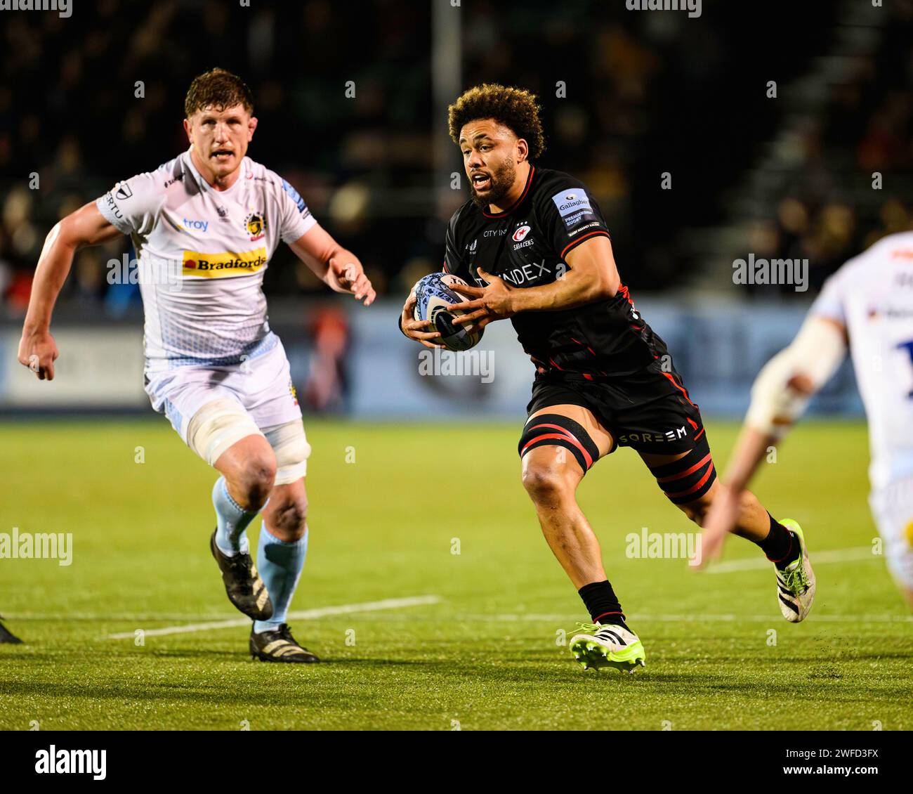 LONDRES, ROYAUME-UNI. 27 janvier 2024. Andy Christie de Saracens en action lors de Saracens vs Exeter Chiefs Gallagher Premiership Rugby R10 à StoneX Banque D'Images