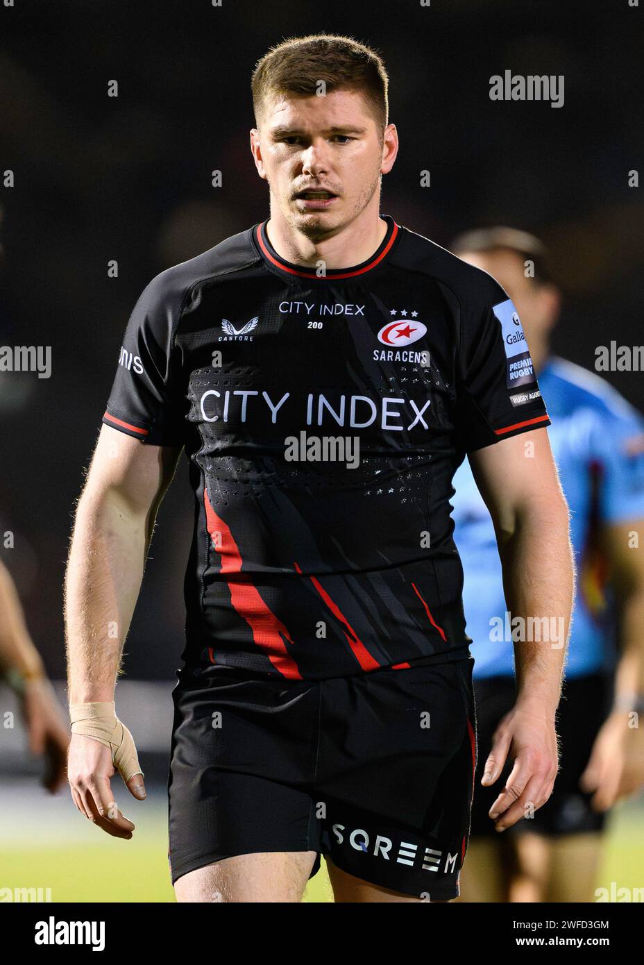 LONDRES, ROYAUME-UNI. 27 janvier 2024. Owen Farrell de Saracens (Capt.) pendant Saracens vs Exeter Chiefs Gallagher Premiership Rugby R10 à StoneX St Banque D'Images