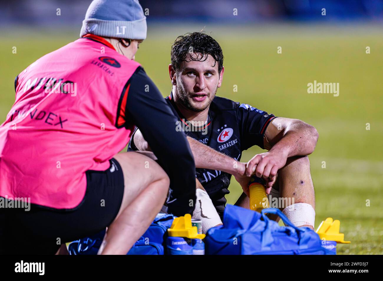 LONDRES, ROYAUME-UNI. 27 janvier 2024. Juan Martin Gonzalez de Saracens lors de Saracens vs Exeter Chiefs Gallagher Premiership Rugby R10 à StoneX St Banque D'Images