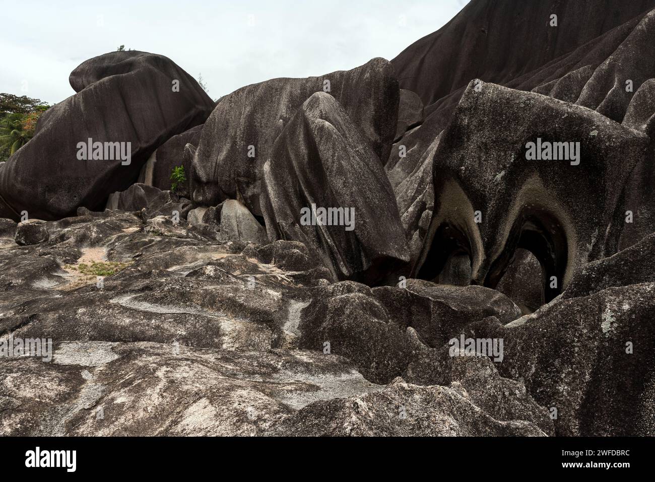 Roches granitres noires du Giant Union Rock. Monument naturel de l'île de la Digue, Seychelles Banque D'Images