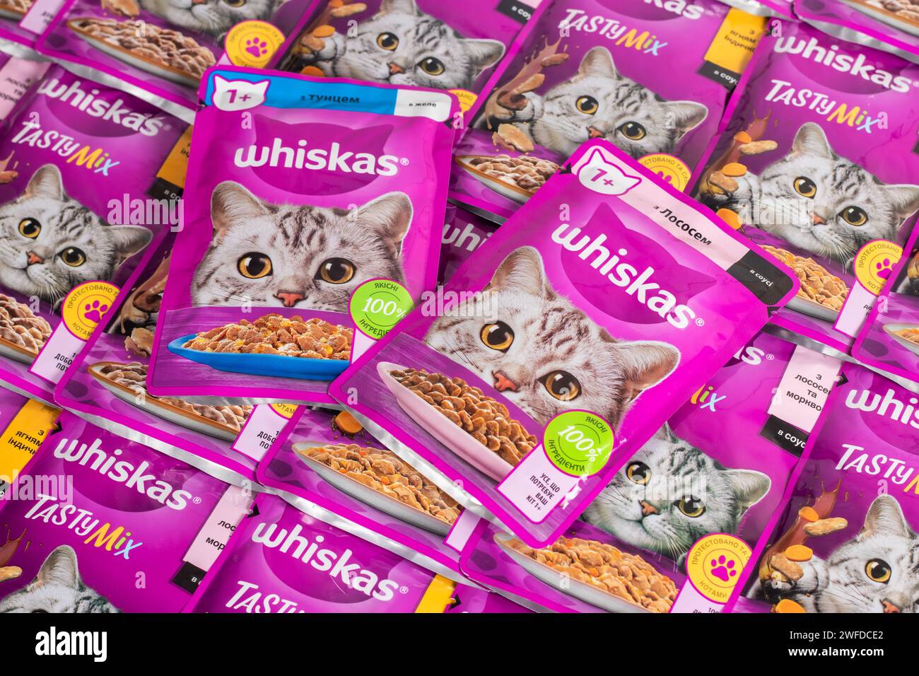 Dnipro, Ukraine - 04 août 2023 : les emballages violets de nourriture pour chats de marque Whiskas se rapprochent. Whiskas est une marque mondiale de nourriture pour chats produite par l'Americ Banque D'Images